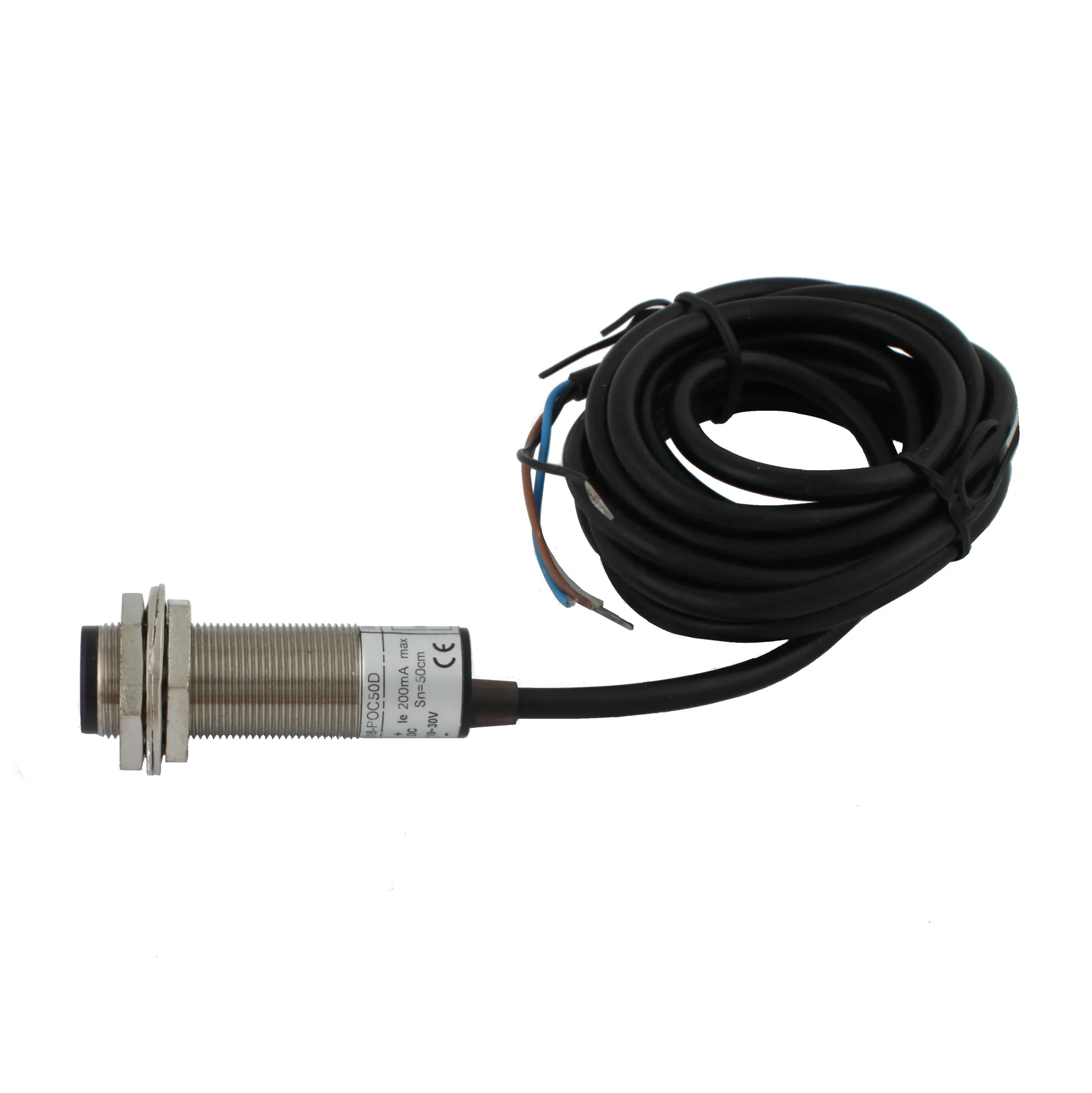 INNOCONT Фотодатчик диффузионный, М18x1, зона срабатывания до 50 см, -10 +60 С, 12…24 VDC, IP67, выход: PNP NO + NC, макс. ток 200 мА, время реакции 3 мс, кабель 2 м PES-D18-POC50D (cable)