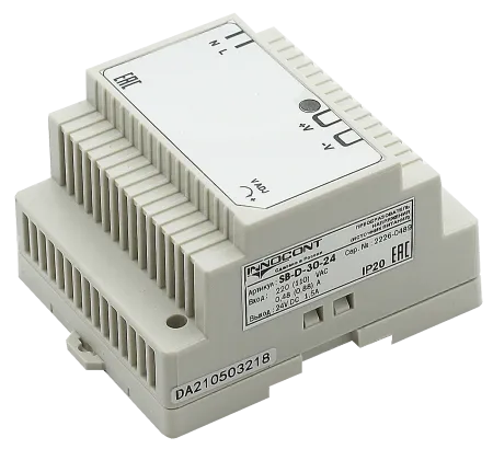 Источник питания INNOCONT. Вход: 220VAC, 0.48А, выход: 30W, 24VDC, 1.5A, -10 +50С, IP20, типы защиты: КЗ, перегрузка, перенапряжение SB-D-30-24