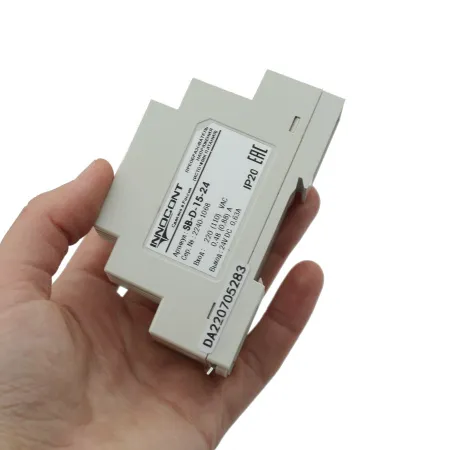 Источник питания INNOCONT. Вход: 220VAC, 0.48А, выход: 15W, 24VDC, 0.63A, -10 +50С, IP20, типы защиты: КЗ, перегрузка, перенапряжение SB-D-15-24