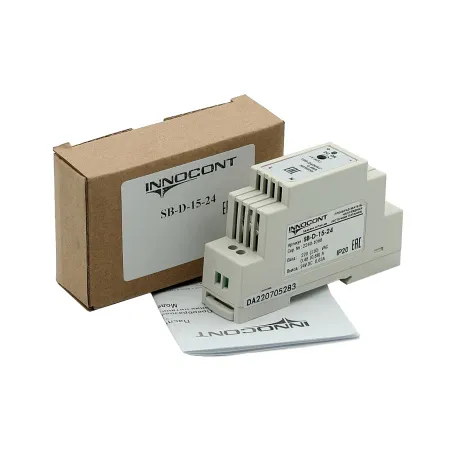 Источник питания INNOCONT. Вход: 220VAC, 0.48А, выход: 15W, 24VDC, 0.63A, -10 +50С, IP20, типы защиты: КЗ, перегрузка, перенапряжение SB-D-15-24