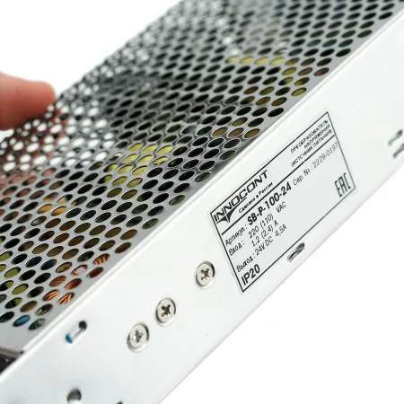 Источник питания INNOCONT. Вход: 220VAC, 1.2А, выход: 100W, 24VDC, 4.5A, -10 +50С, IP20,типы защиты: КЗ, перегрузка, перенапряжение SB-P-100-24