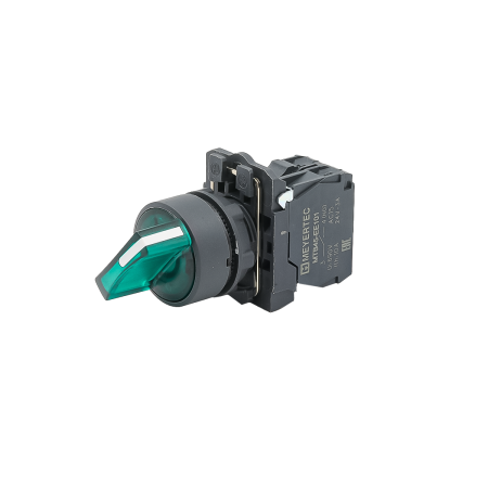 Переключатель  на 3 положения с фиксацией и подсветкой,  зеленый, 1NO, 220V AC/DC, IP65, пластик